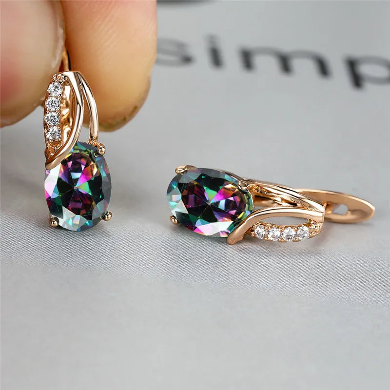 Crystal Purple Oval Stone Jewelry Rose Gold Color Wedding Hoop Earrings For Women