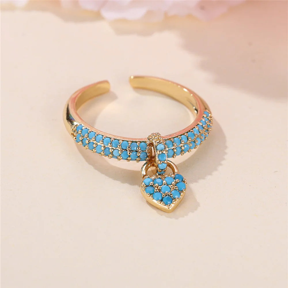 Charm Female Water Blue Crytal Adjustable Love Heart Open Ring Gold Color Cute Gift Wedding Jewelry For Women