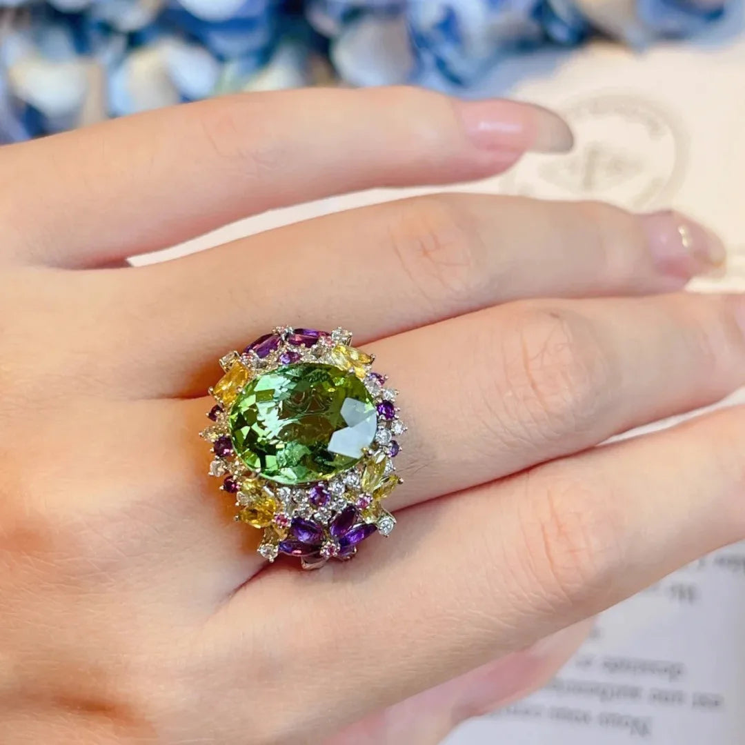 Female Yellow Green Purple Stone Silver Color Oval Flower Wedding Rings Promise Open Adjustable Engagement Jewelry For Women