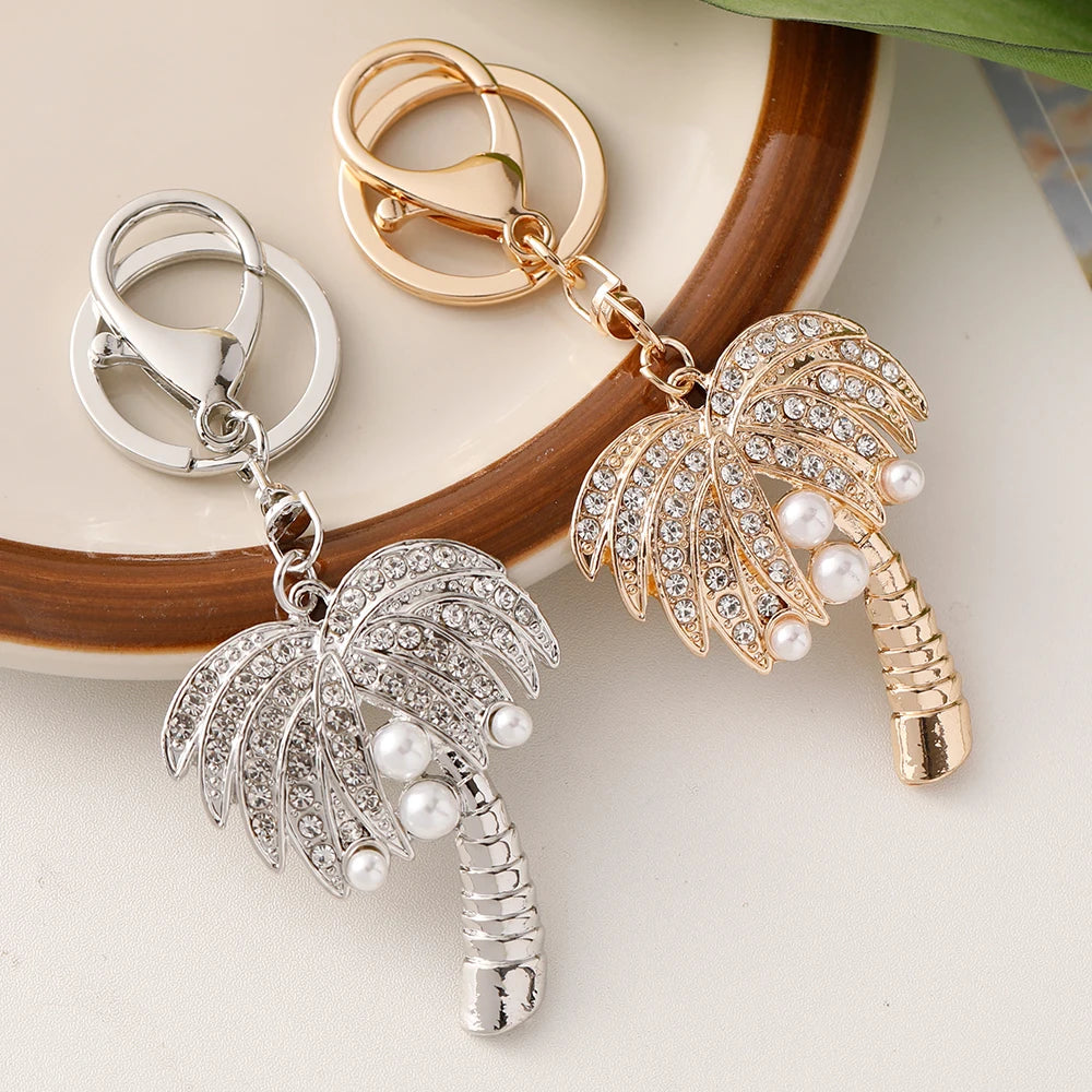 Coconut Tree Crystal Pearl Keychain Golden Color Key Ring Women's Bag Pendant Souvenir Gift Hawaii Beach