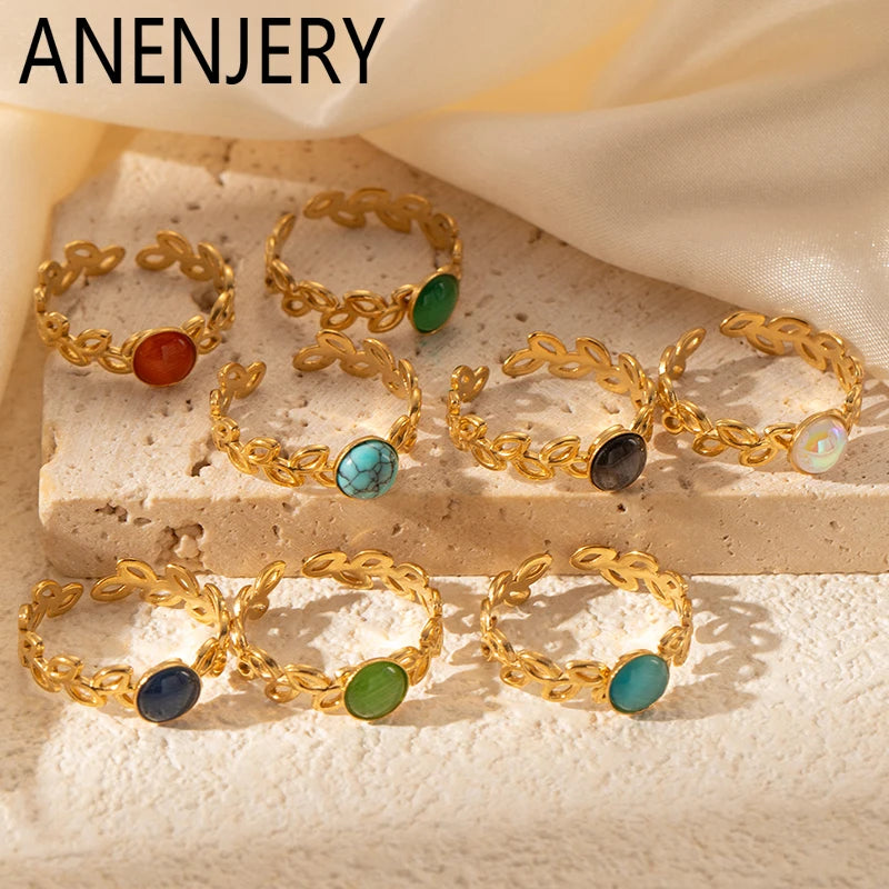 ANENJERY 316L Stainless Steel Hollow Leaf Colorful Stone Open Ring for Women Men Simple Jewelry Gifts Daily Wholesale