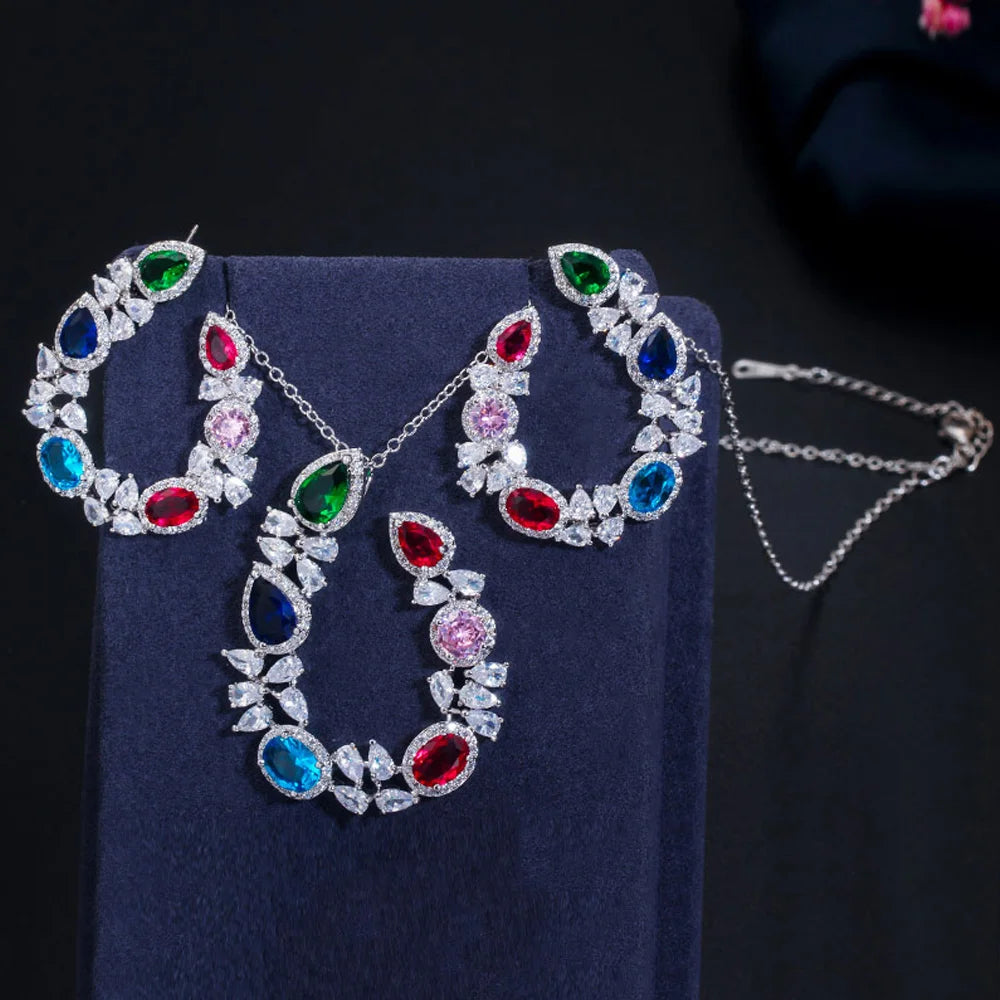 ThreeGraces Sweet Colorful Cubic Zirconia Big Symmetrical Earrings Pendant Necklace Fashion Jewelry Set for Women Party JS619