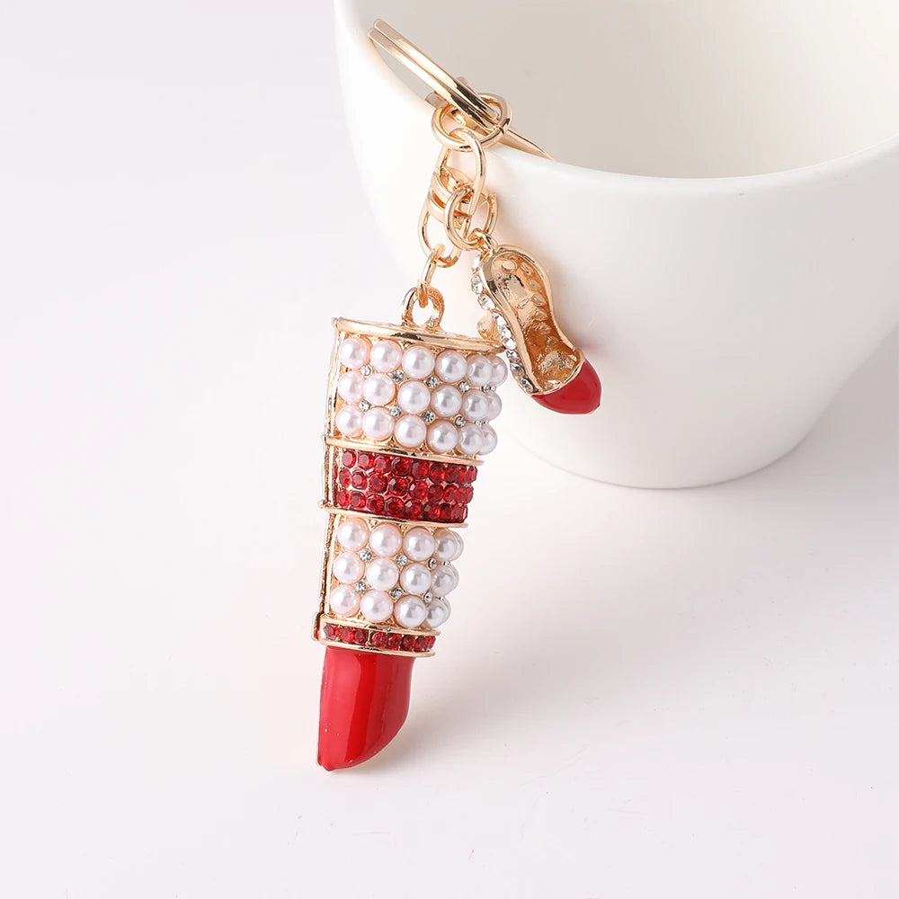 Elegant Ladies Lipstick Keychain High Heels Pendant Car Keyring Pearl Rhinestone Inlaid Metal Accessories