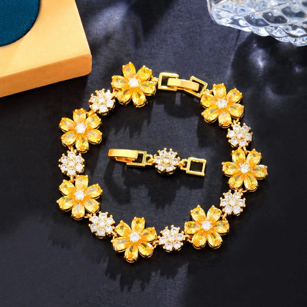 ThreeGraces High Quality Green Cubic Zirconia Gold Color Flower Link Chain Bracelet for Women Fashion Dubai Party Jewelry BR294
