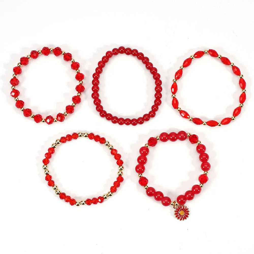 Bohemian Daisy Flower Charm Colorful Crystal Beaded Bracelet Set for Women Summer Beach Hand Jewelry Accessory Boho Wrsit Chains
