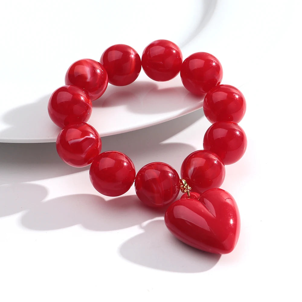 Boho Colorful Round Beads Heart Pendant Elastic Bracelets Fashion Geometric Beaded Bangle Bracelet Women Jewelry Gifts