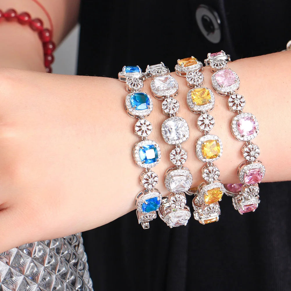 ThreeGraces Sparkly Yellow Cubic Zirconia Silver Color Geometric Square CZ Wedding Statement Bracelet for Women Jewelry BR295