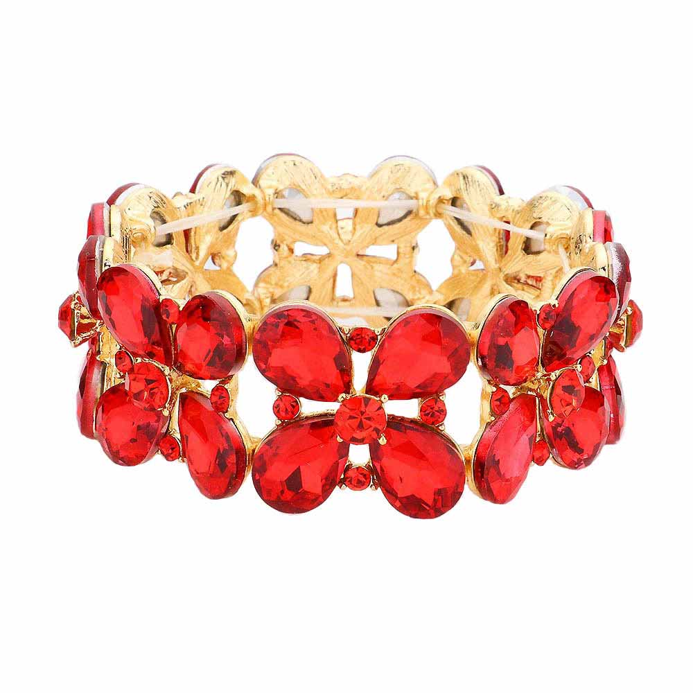 Floral Teardrop Glass Crystal Stretch Evening Bracelet
