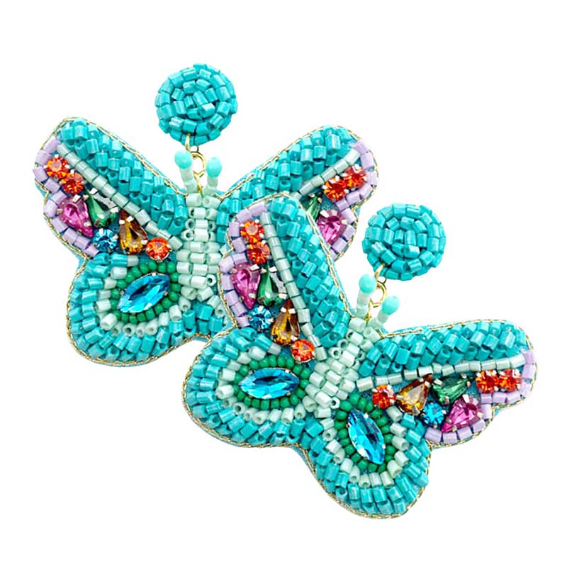 Felt Back Multi Stone Beaded Butterfly Dangle Earrings