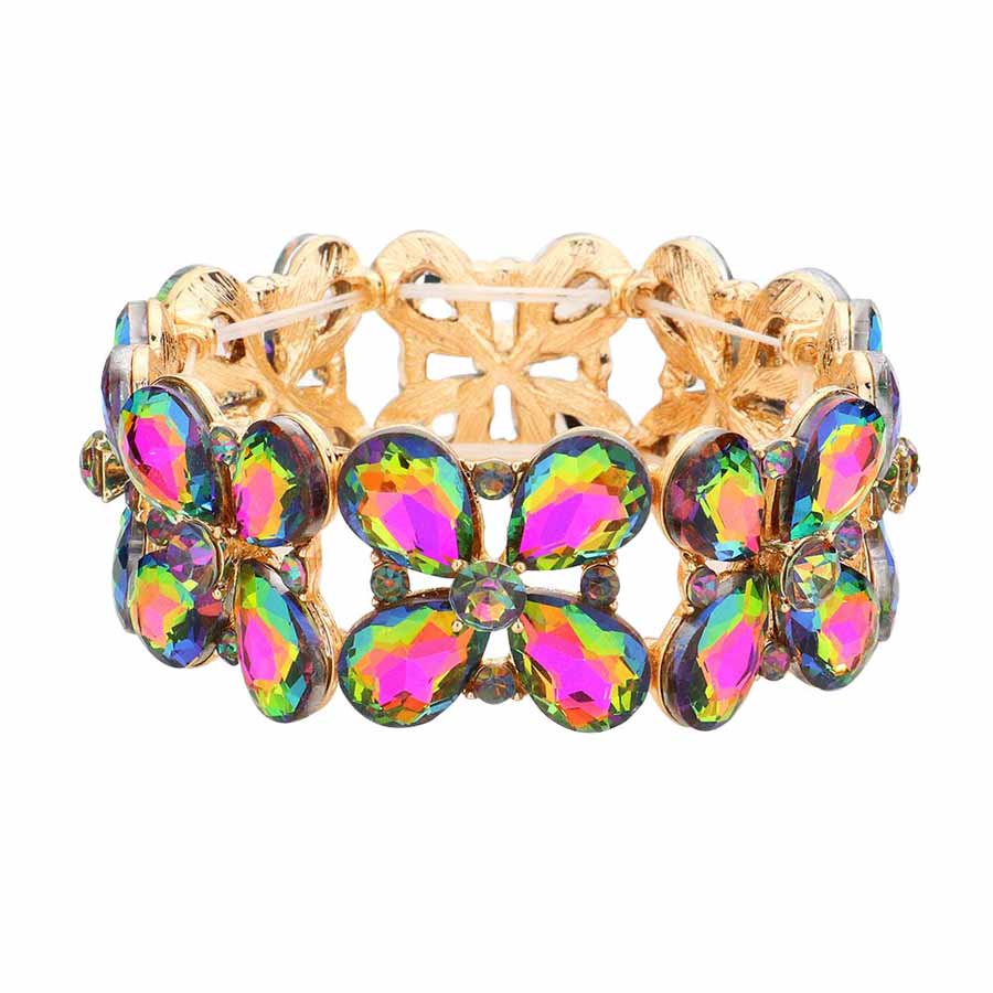 Floral Teardrop Glass Crystal Stretch Evening Bracelet