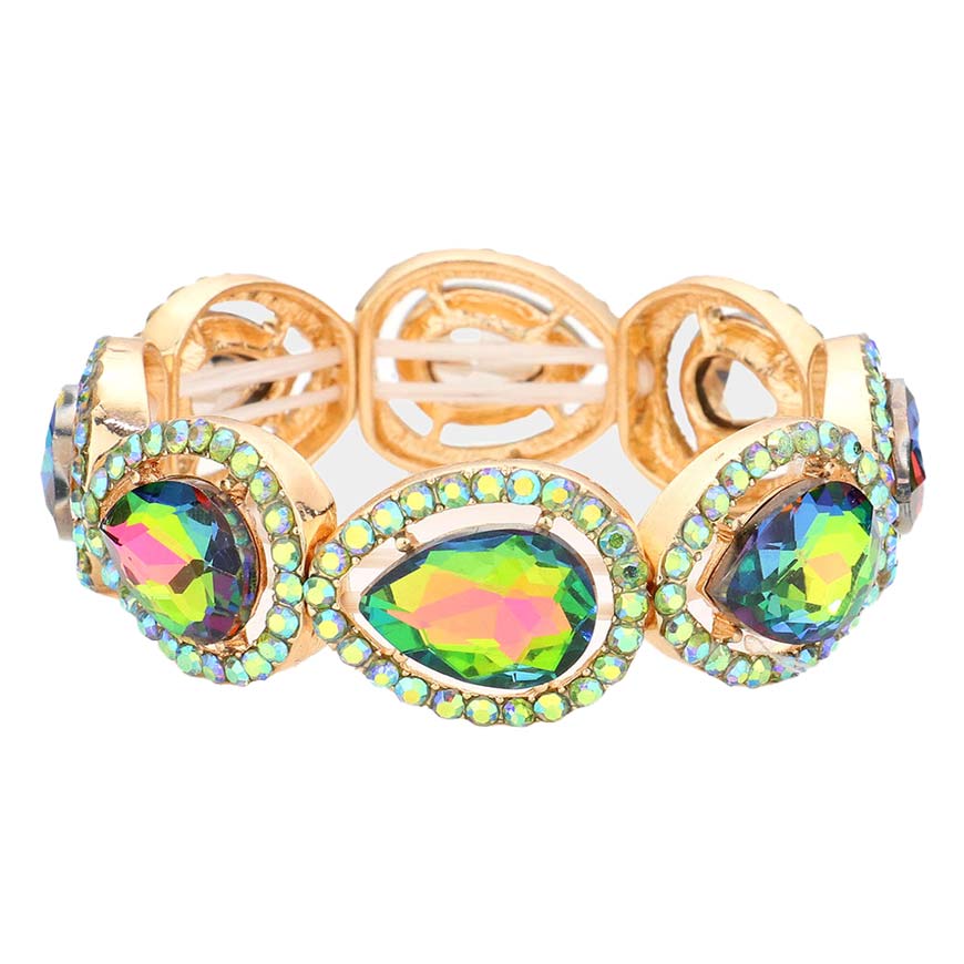 Pave Teardrop Trim Glass Crystal Stretch Evening Bracelet