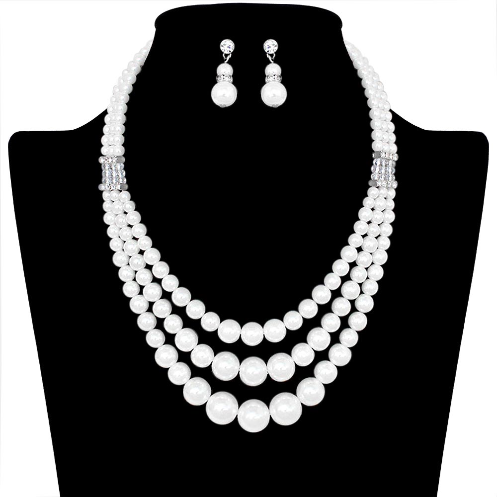 Multi Row Pearl Necklace Earring Set
