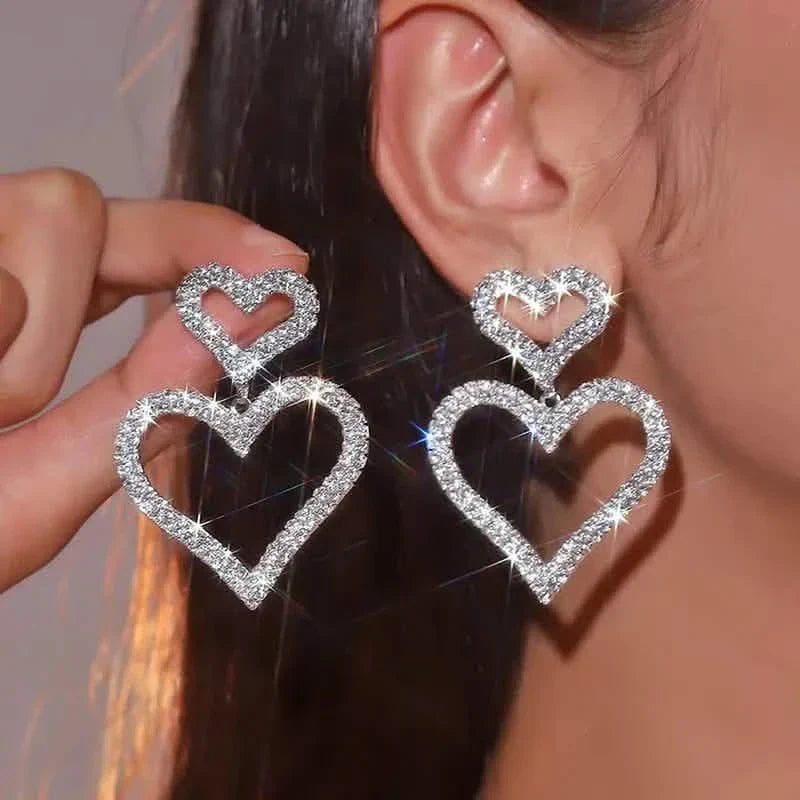 Chic Double Heart Rhinestone Stud Earrings