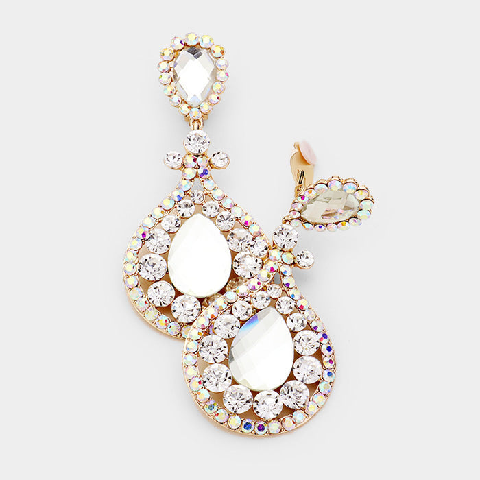 Crystal Pave Trimmed Teardrop Clip On Earrings