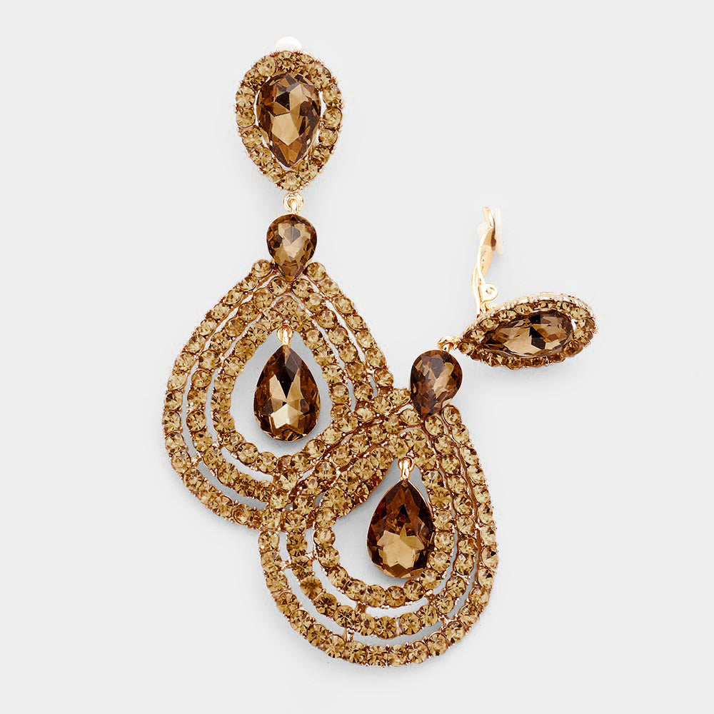 Crystal Pave Trimmed Teardrop Clip On Earrings
