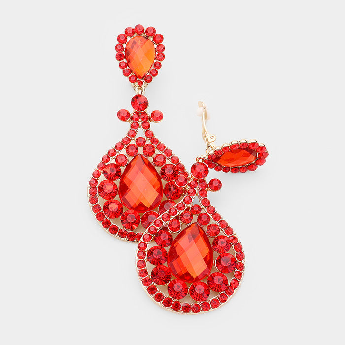 Crystal Pave Trimmed Teardrop Clip On Earrings