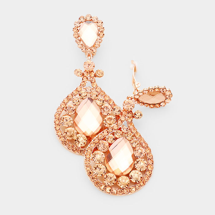 Crystal Pave Trimmed Teardrop Clip On Earrings