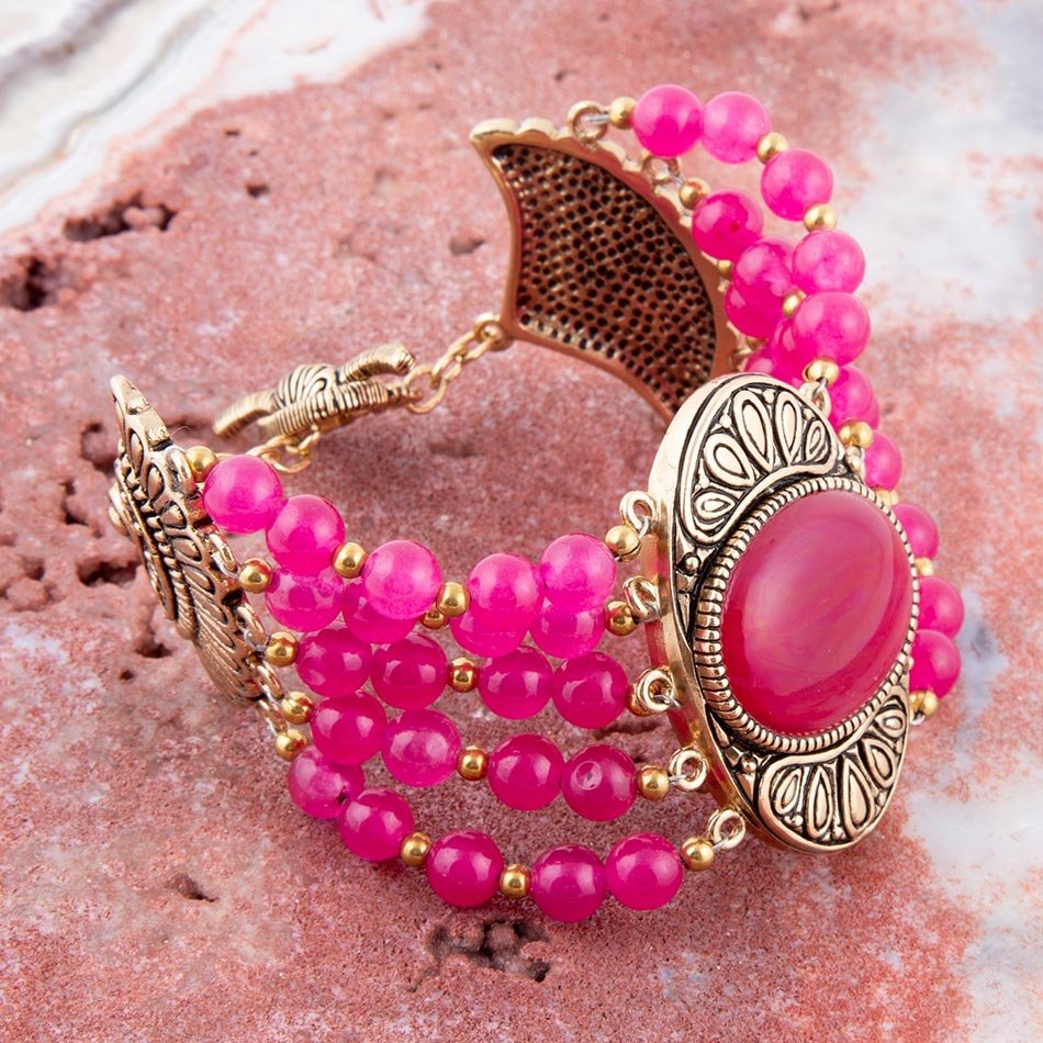 Flamenco Pink Magenta Agate Golden Statement Bracelet