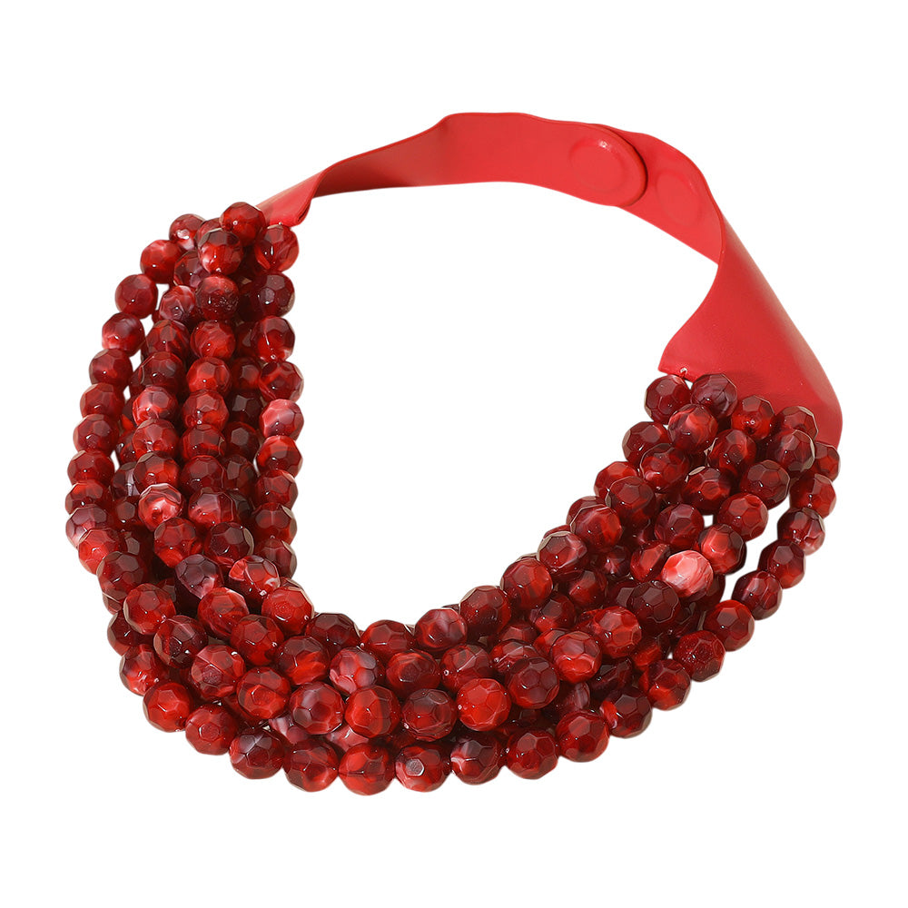 Women's Marbled Faceted Acrylic Ball Beaded Multi Strand Layered Faux Leather Magnetic Necklace