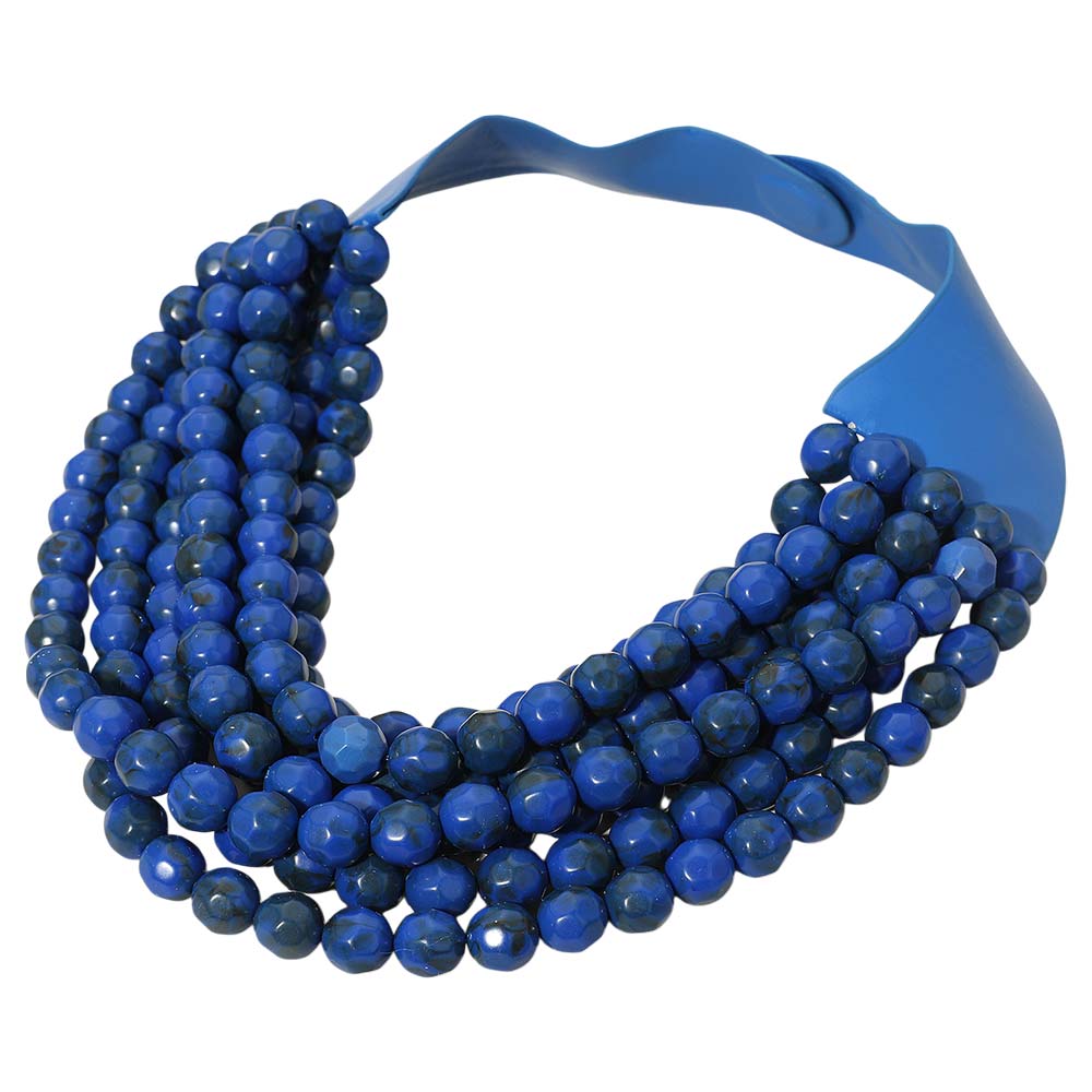 Women's Marbled Faceted Acrylic Ball Beaded Multi Strand Layered Faux Leather Magnetic Necklace