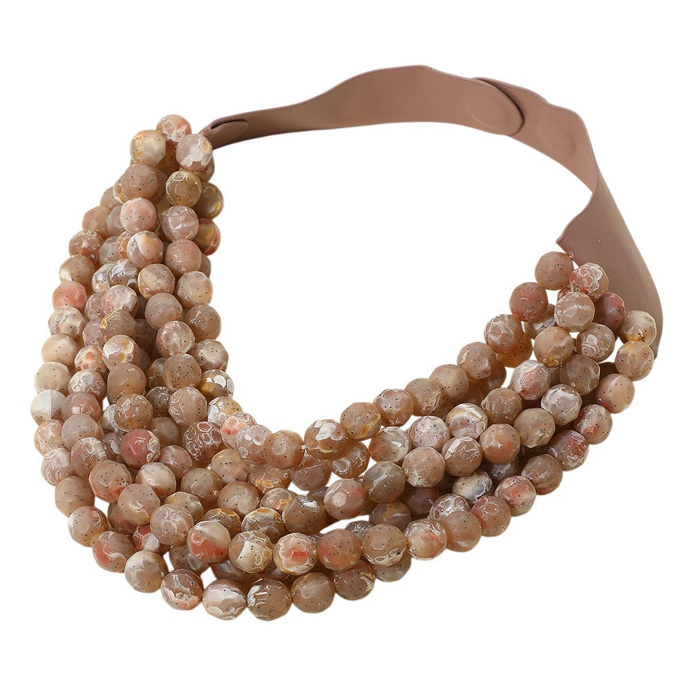 Women's Marbled Faceted Acrylic Ball Beaded Multi Strand Layered Faux Leather Magnetic Necklace