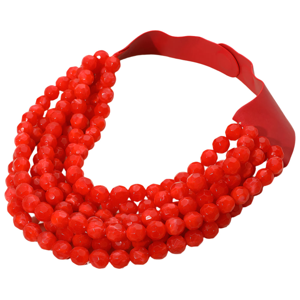 Women's Marbled Faceted Acrylic Ball Beaded Multi Strand Layered Faux Leather Magnetic Necklace