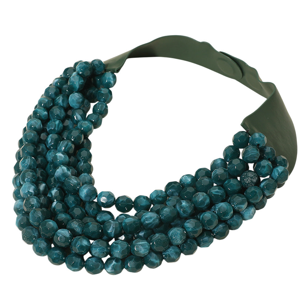 Women's Marbled Faceted Acrylic Ball Beaded Multi Strand Layered Faux Leather Magnetic Necklace