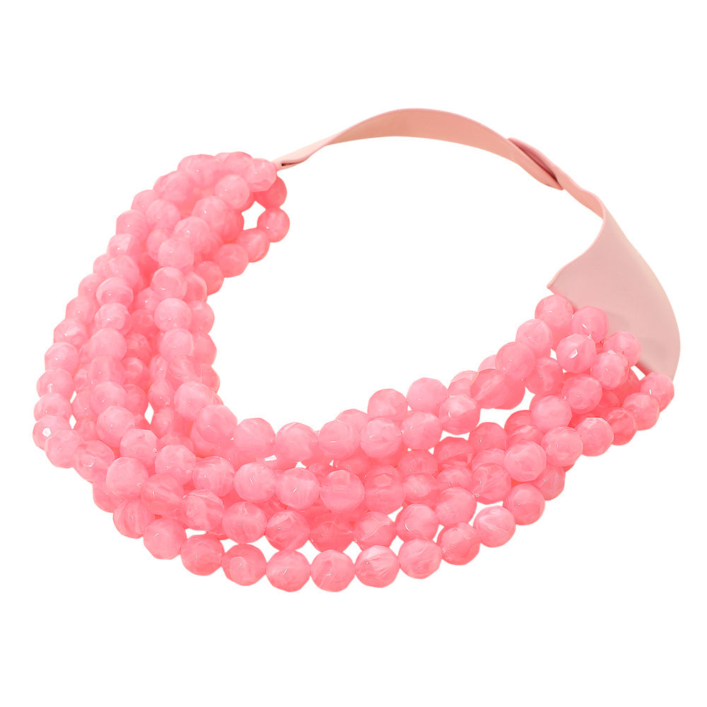 Women's Marbled Faceted Acrylic Ball Beaded Multi Strand Layered Faux Leather Magnetic Necklace