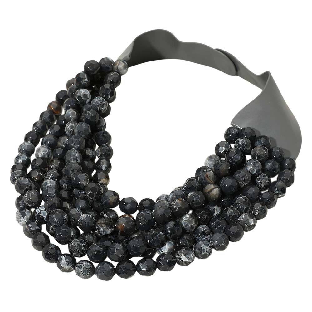 Women's Marbled Faceted Acrylic Ball Beaded Multi Strand Layered Faux Leather Magnetic Necklace