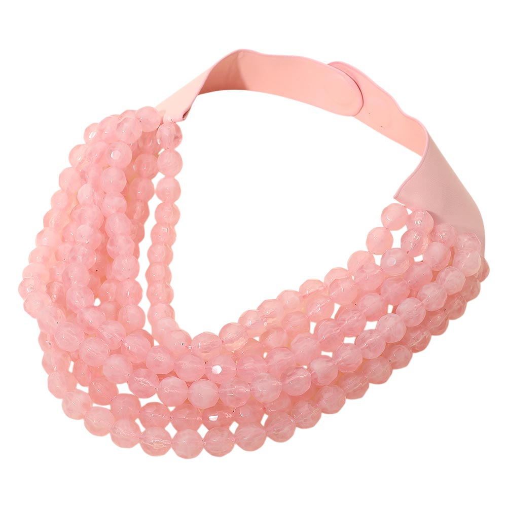 Women's Marbled Faceted Acrylic Ball Beaded Multi Strand Layered Faux Leather Magnetic Necklace