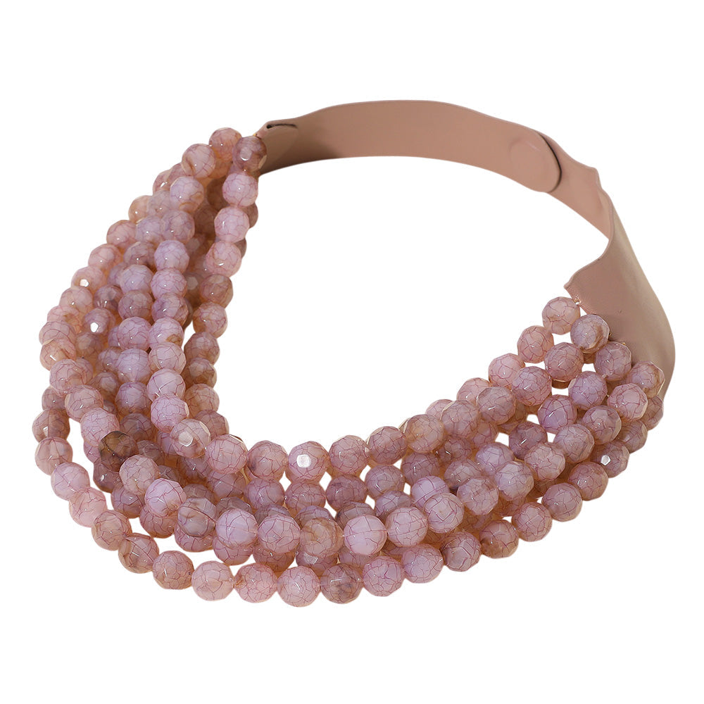 Women's Marbled Faceted Acrylic Ball Beaded Multi Strand Layered Faux Leather Magnetic Necklace