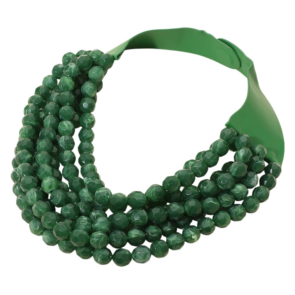 Women's Marbled Faceted Acrylic Ball Beaded Multi Strand Layered Faux Leather Magnetic Necklace