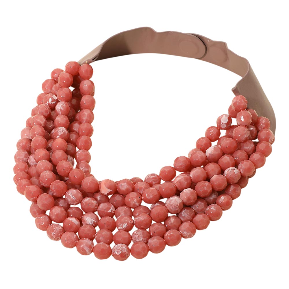 Women's Marbled Faceted Acrylic Ball Beaded Multi Strand Layered Faux Leather Magnetic Necklace