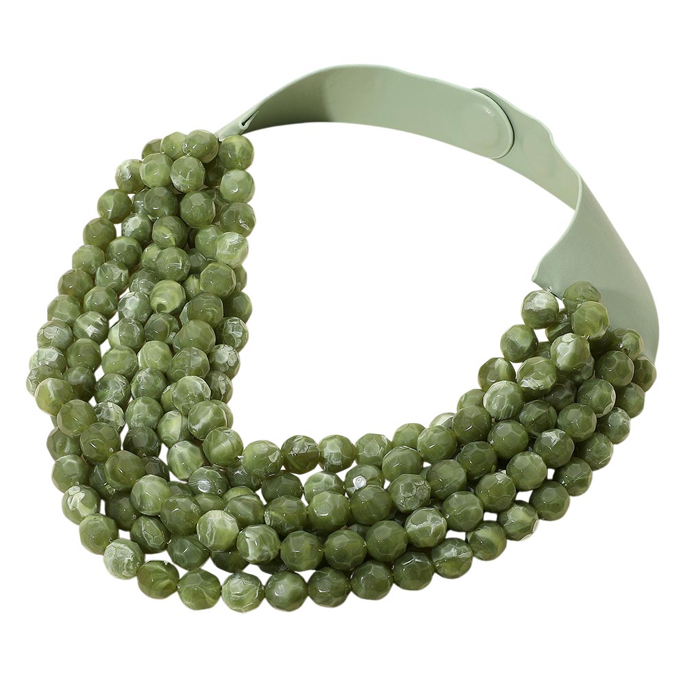 Women's Marbled Faceted Acrylic Ball Beaded Multi Strand Layered Faux Leather Magnetic Necklace
