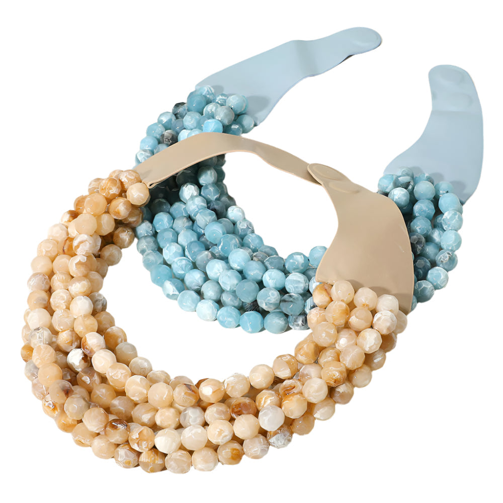 Women's Marbled Faceted Acrylic Ball Beaded Multi Strand Layered Faux Leather Magnetic Necklace