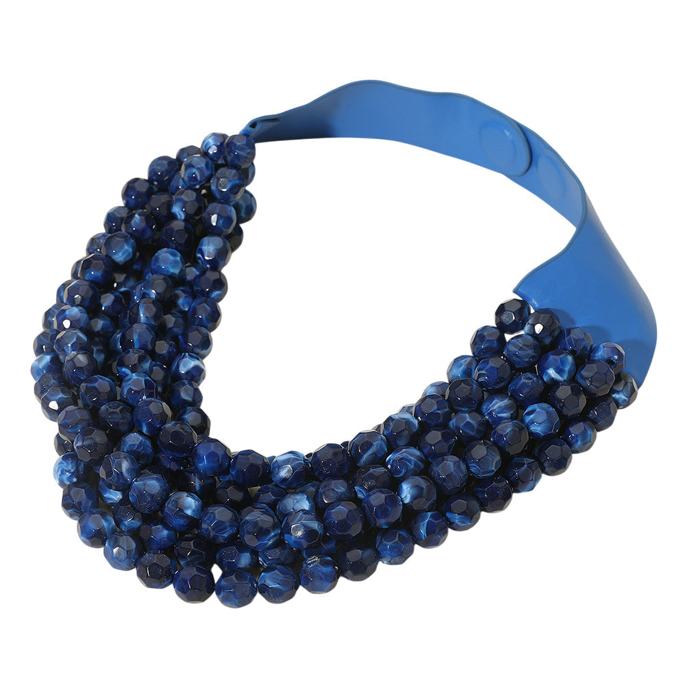 Women's Marbled Faceted Acrylic Ball Beaded Multi Strand Layered Faux Leather Magnetic Necklace