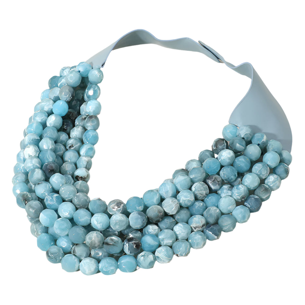 Women's Marbled Faceted Acrylic Ball Beaded Multi Strand Layered Faux Leather Magnetic Necklace