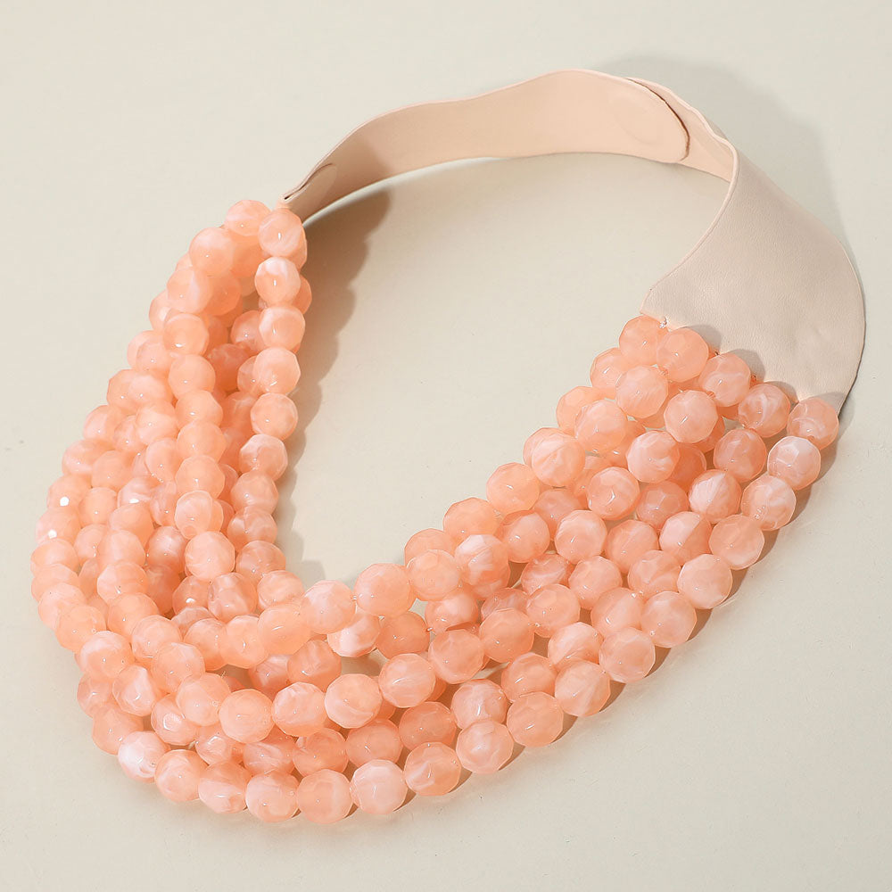 Women's Marbled Faceted Acrylic Ball Beaded Multi Strand Layered Faux Leather Magnetic Necklace