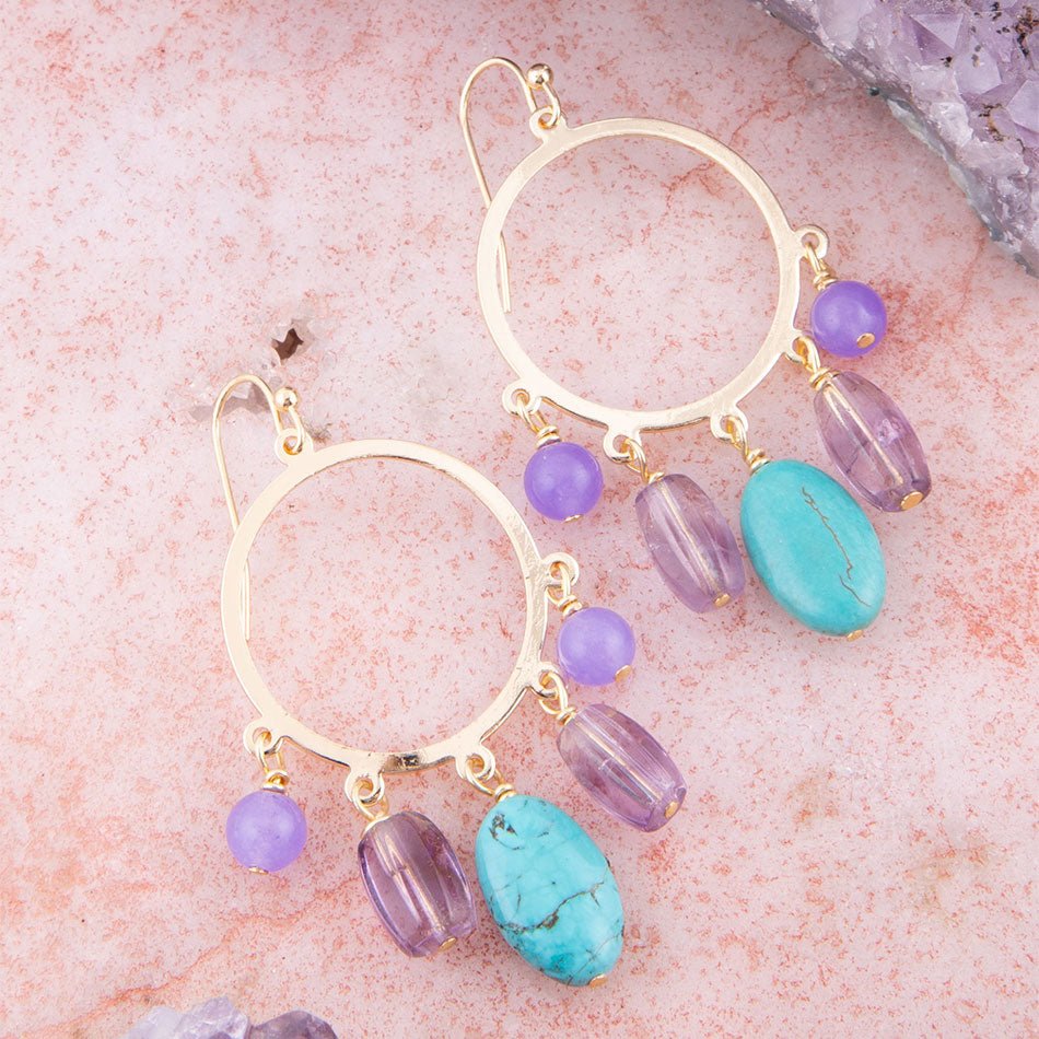 Purple Periwinkle Amethyst and Blue Magnesite Golden Chandelier Earrings