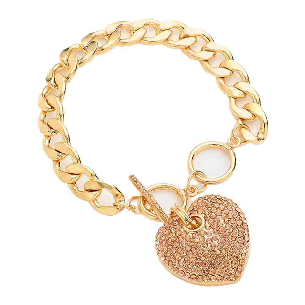 Rhinestone Embellished Heart Charm Toggle Bracelet