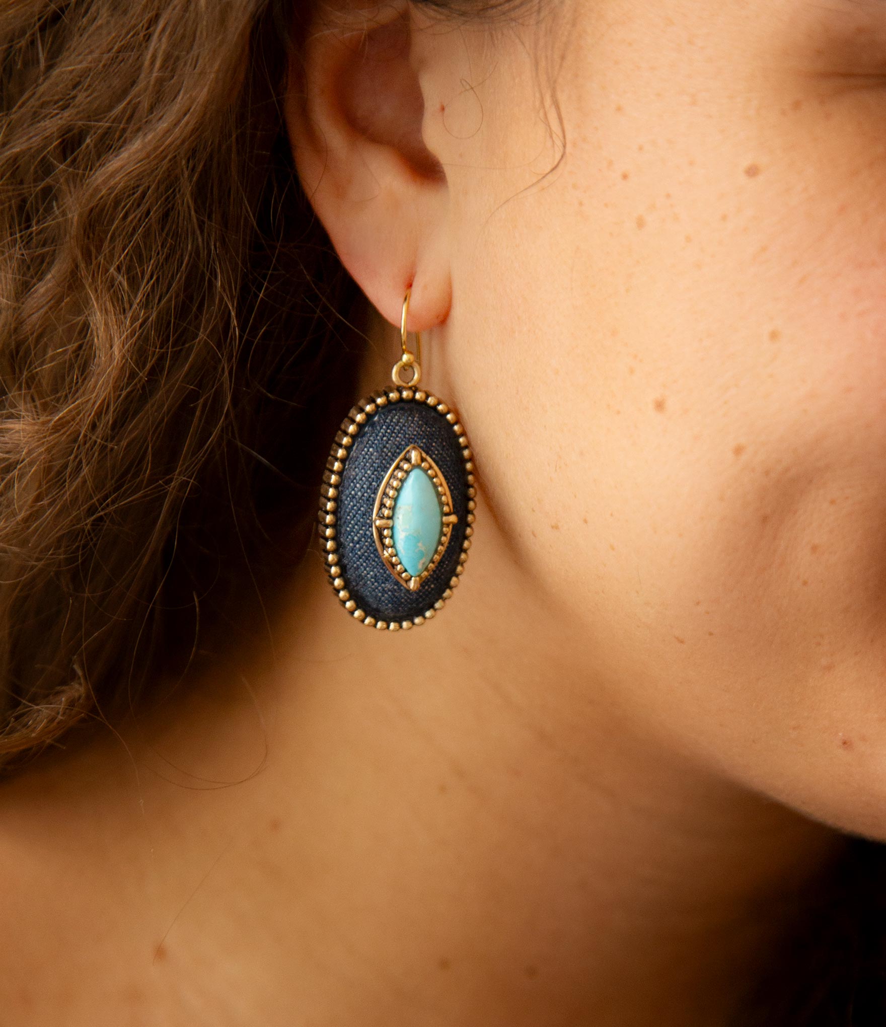 Stacked Blue Turquoise and Denim Golden Drop Earrings
