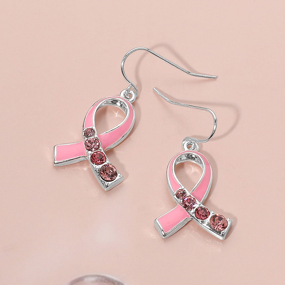 Stone Accent Enamel Pink Ribbon Dangle Earrings
