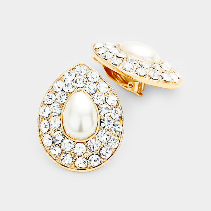Stone Pave Teardrop Pearl Centered Clip on Earrings