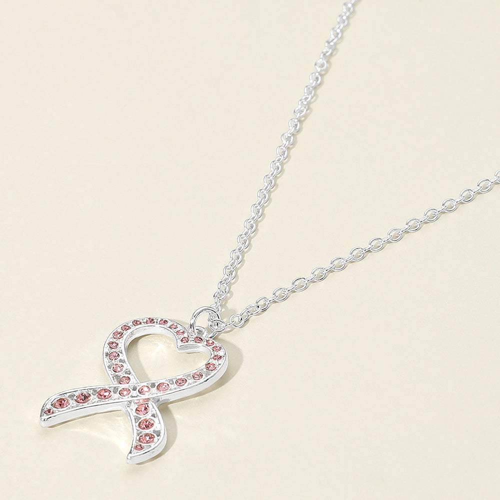 Stone Paved Heart Pink Ribbon Pendant Necklace