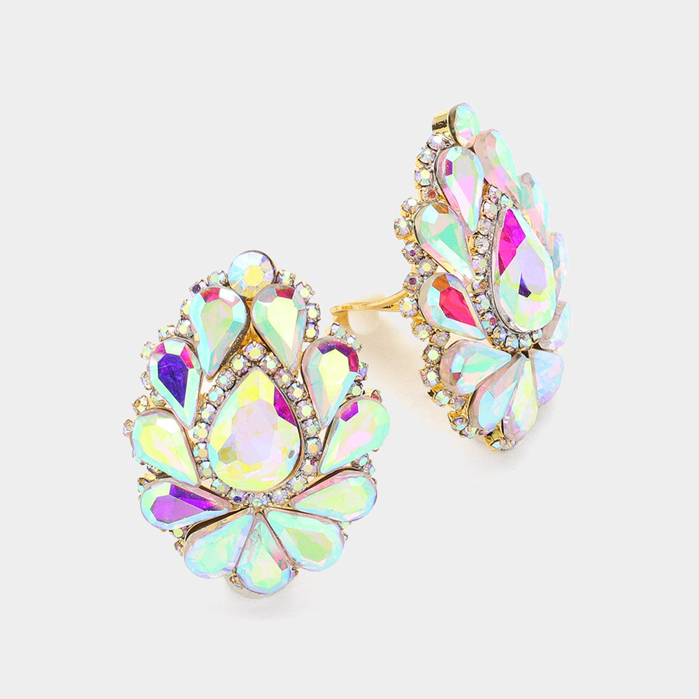 Women's Teardrop Crystal Cluster Clip on Evening Dangle Earrings