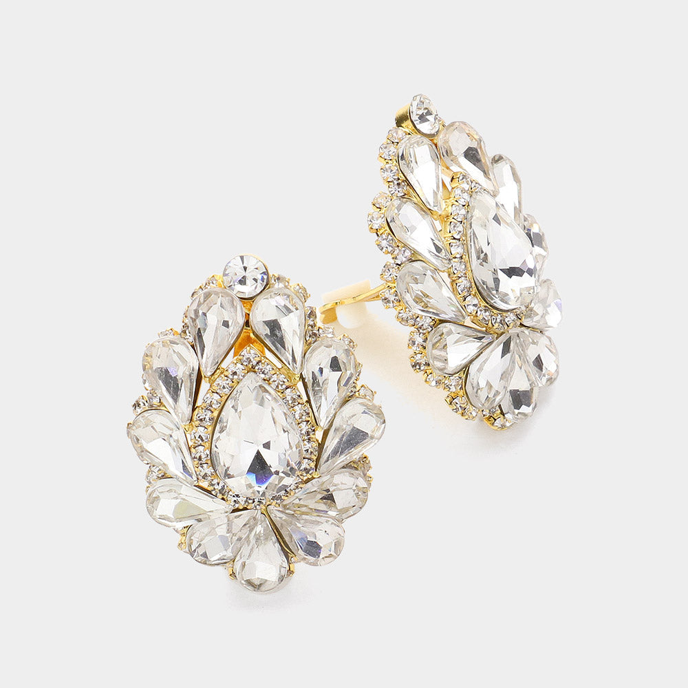 Women's Teardrop Crystal Cluster Clip on Evening Dangle Earrings