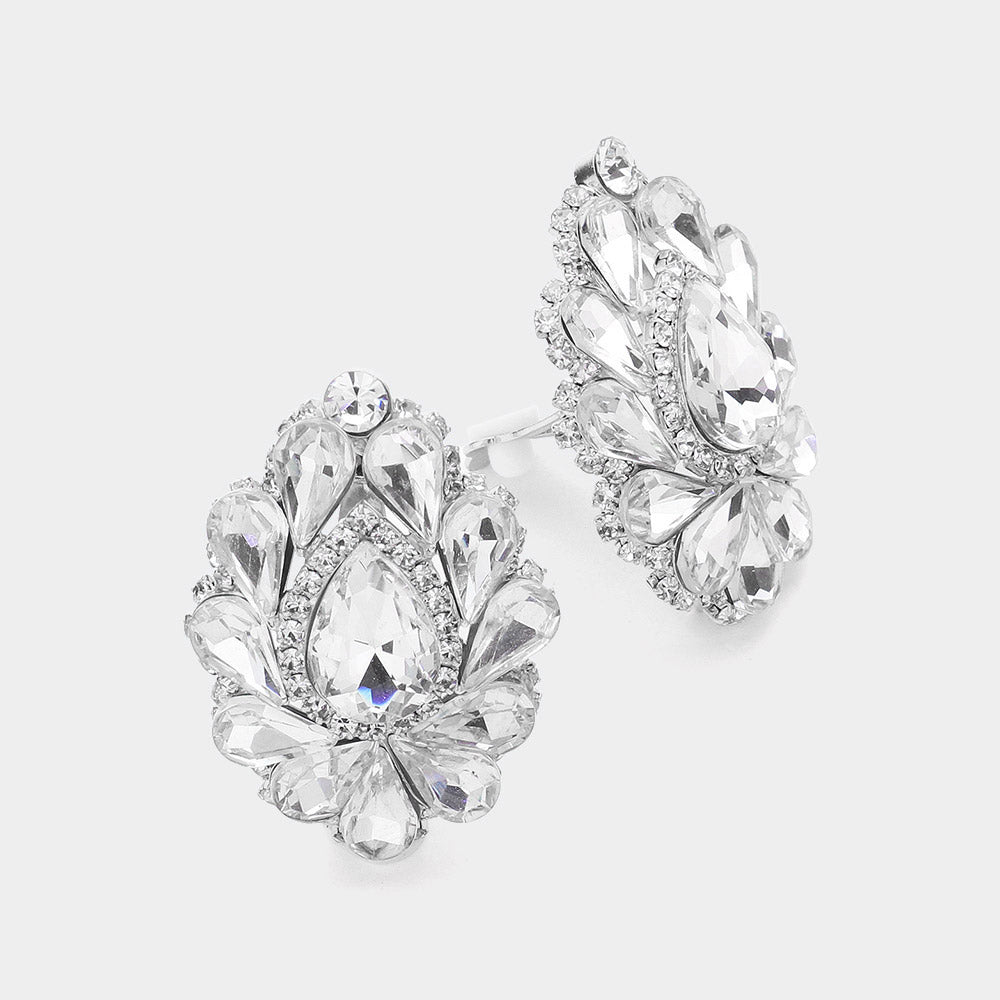 Women's Teardrop Crystal Cluster Clip on Evening Dangle Earrings