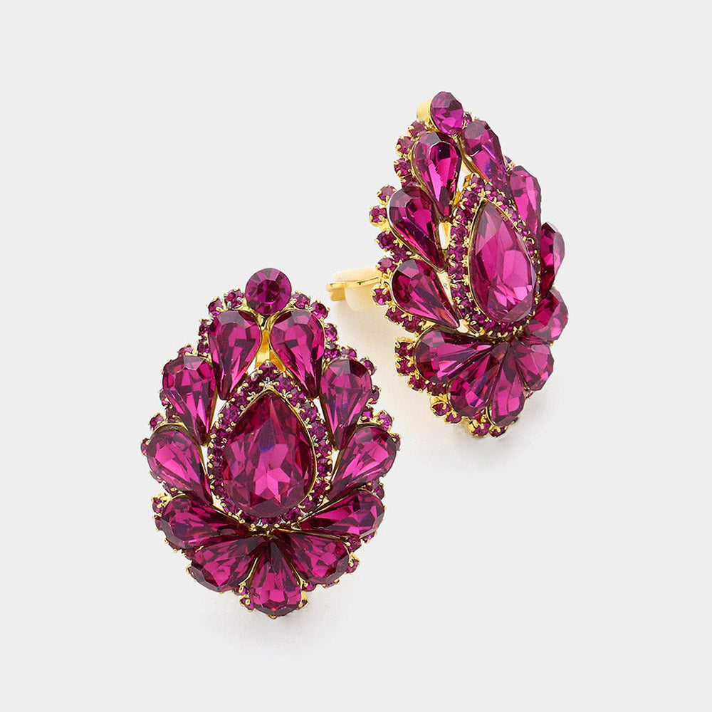 Women's Teardrop Crystal Cluster Clip on Evening Dangle Earrings