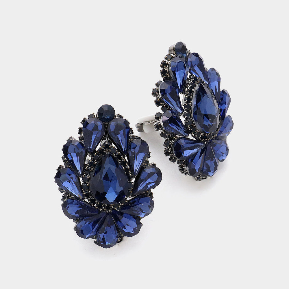 Women's Teardrop Crystal Cluster Clip on Evening Dangle Earrings