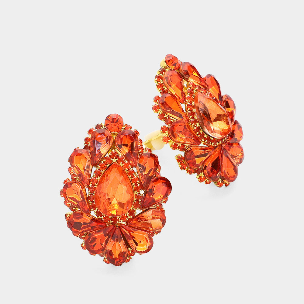 Women's Teardrop Crystal Cluster Clip on Evening Dangle Earrings